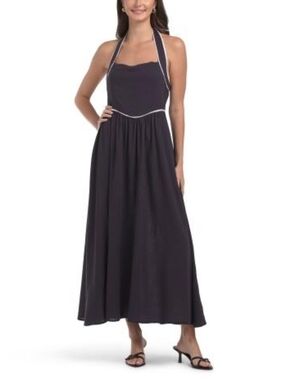 NWT - White Closet Linen Blend Navy Contrast Trim Halter Midi Dress - Size 14
